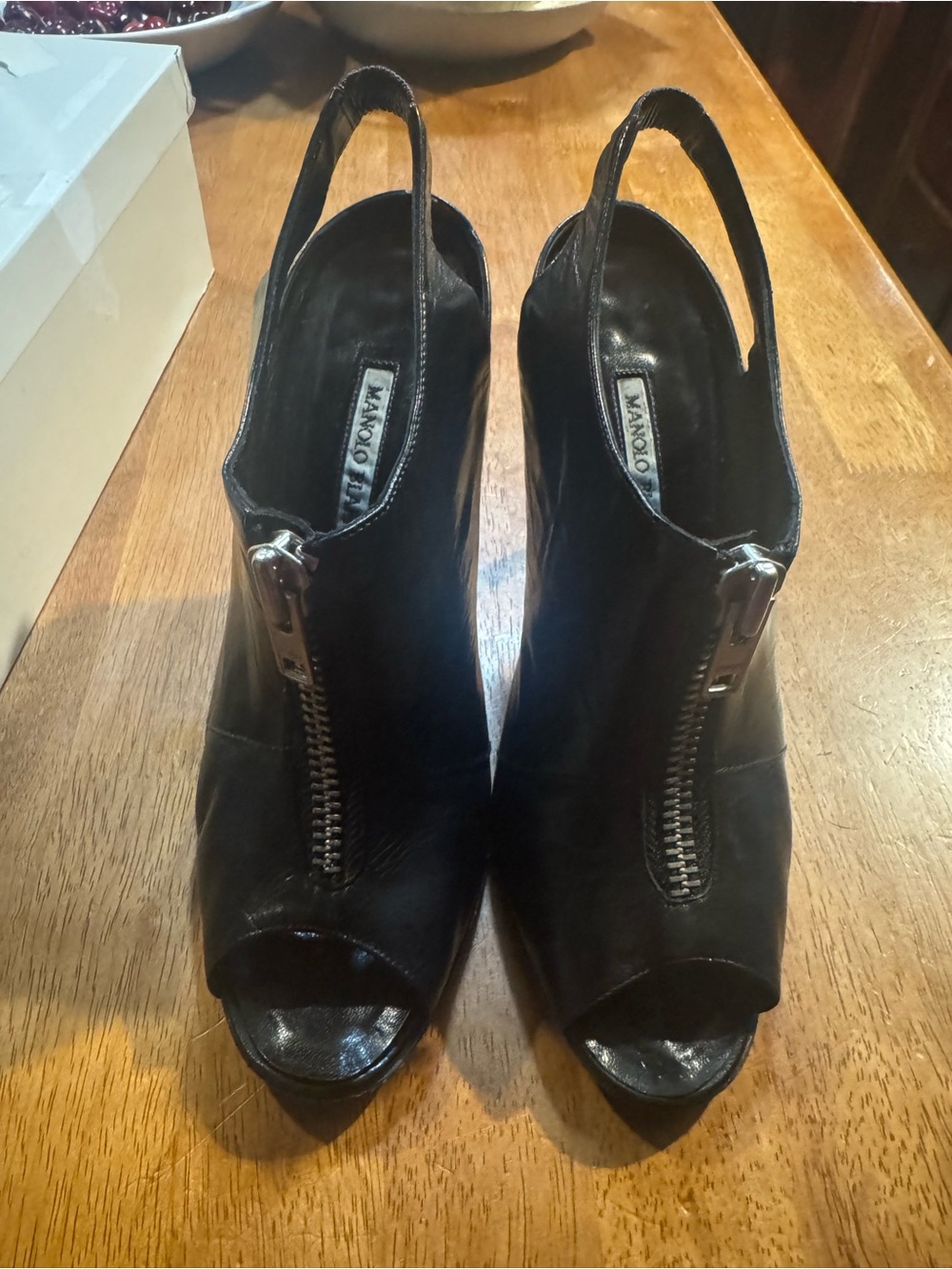 Manolo Blahnik Black Calf Leather “Vella” Peep-Toe Slingbacks